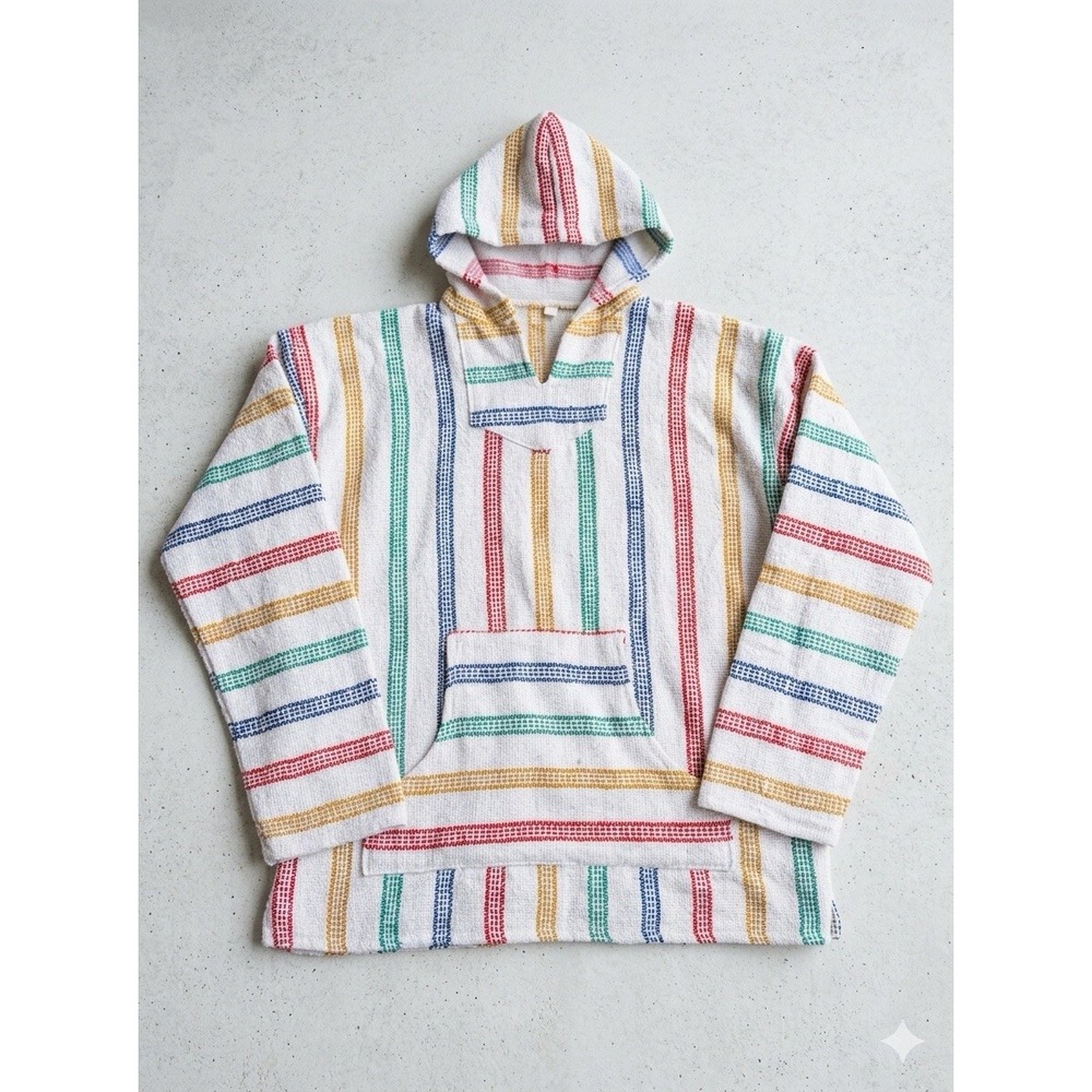Vintage Baja Hoodie Mens Large White Rainbow Striped Mexican Jerga Drug Rug Surf